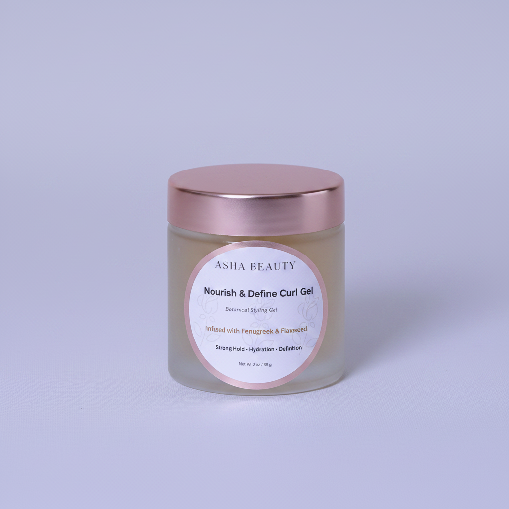Asha Belle Beauty Nourish & Define Curl Gel hero shot, botanical curl defining gel with fenugreek and flaxseed
