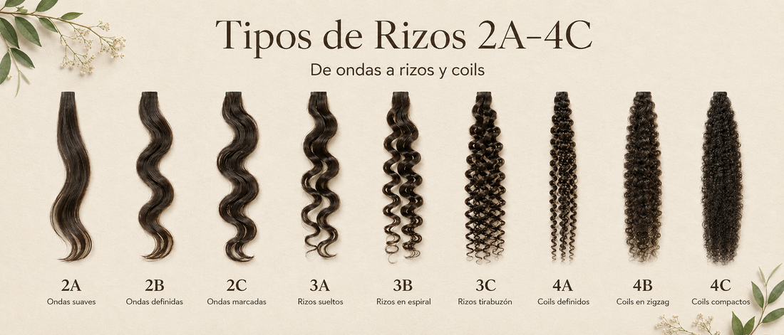 Guía visual de tipos de rizos 2A a 4C, desde ondas suaves hasta rizos compactos, para la Academia de Rizos Asha Belle.