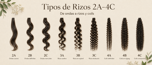 Guía visual de tipos de rizos 2A a 4C, desde ondas suaves hasta rizos compactos, para la Academia de Rizos Asha Belle.