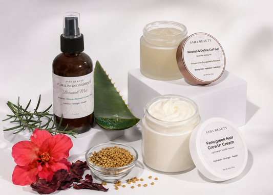 Asha Belle Beauty Botanical Curl Care Routine 3-product bundle set — Floral Infusion Mist, Fenugreek Hair Growth Cream and Nourish & Define Curl Gel with botanicals
