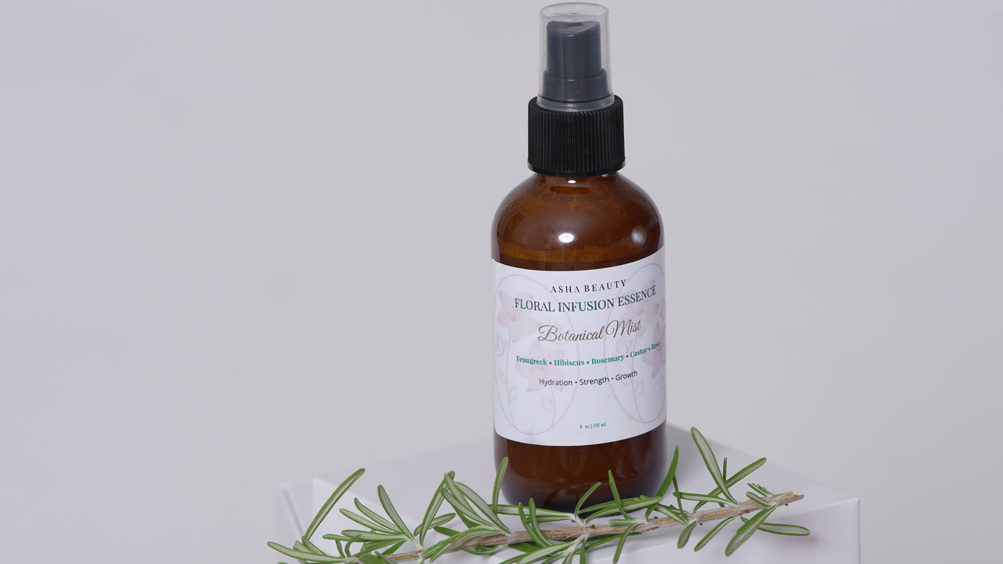 Asha Belle Beauty Botanical Mist with fresh rosemary, fenugreek and hibiscus ingredients