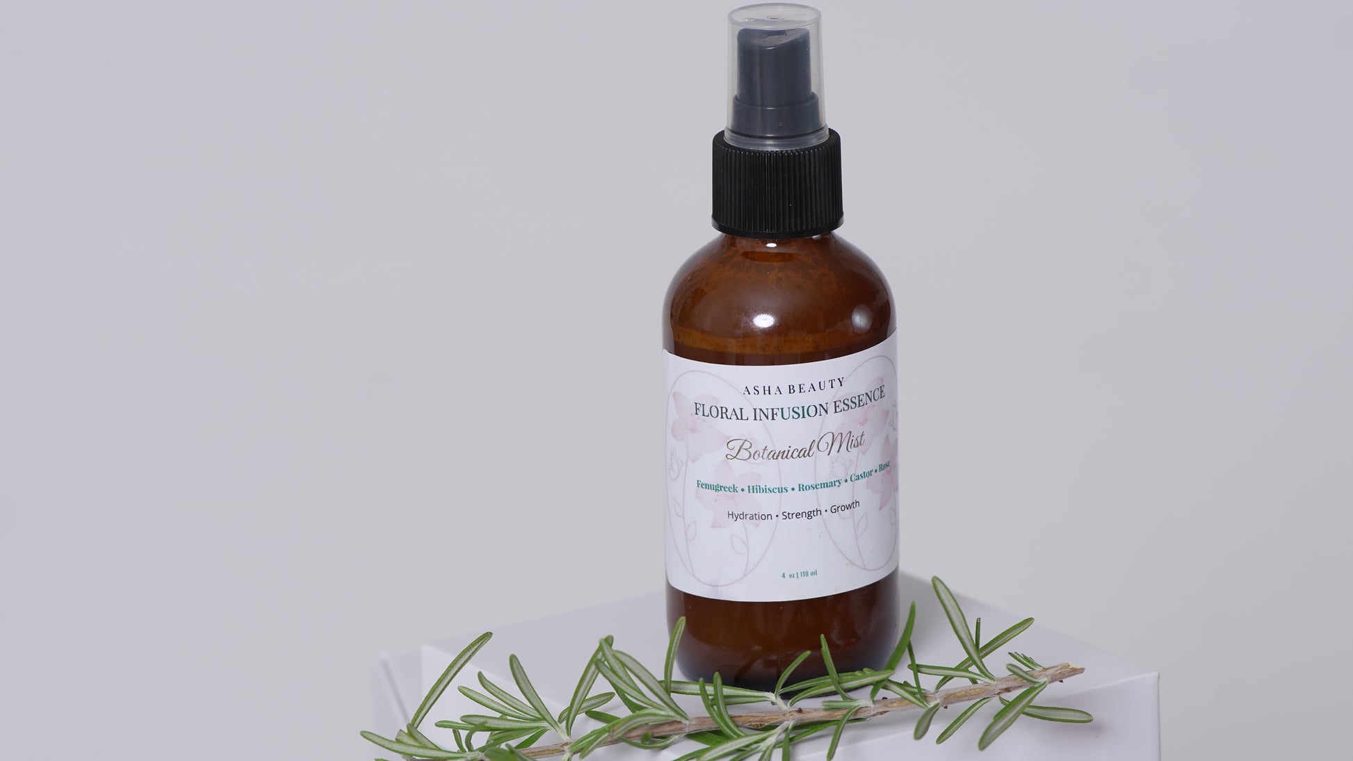 Asha Belle Beauty Botanical Mist with fresh rosemary, fenugreek and hibiscus ingredients