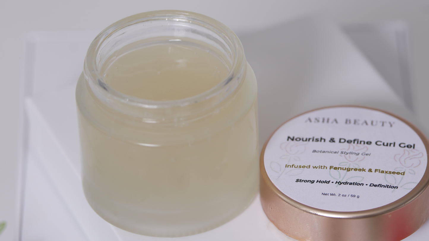 Asha Belle Beauty Nourish & Define Curl Gel jar with rose gold lid on white background