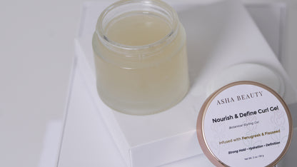 Asha Belle Beauty Nourish & Define Curl Gel open jar showing gel texture, fenugreek and flaxseed formula