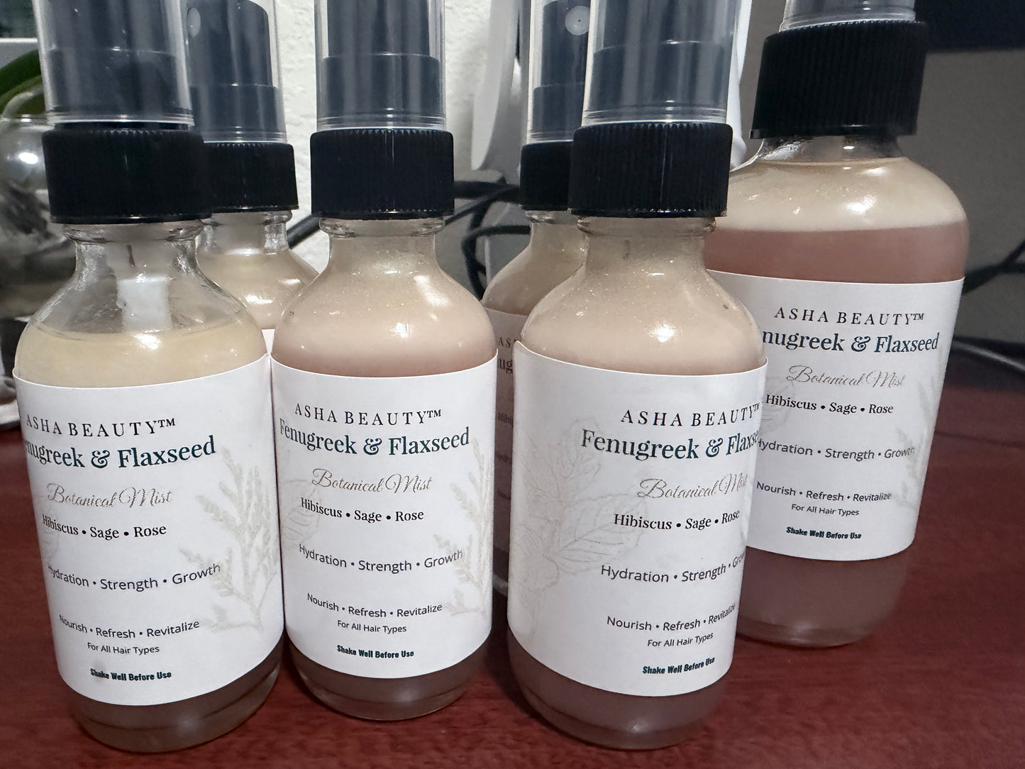 Asha Belle Beauty Fenugreek and Flaxseed Botanical Mist bottles, Hibiscus Sage Rose formula
