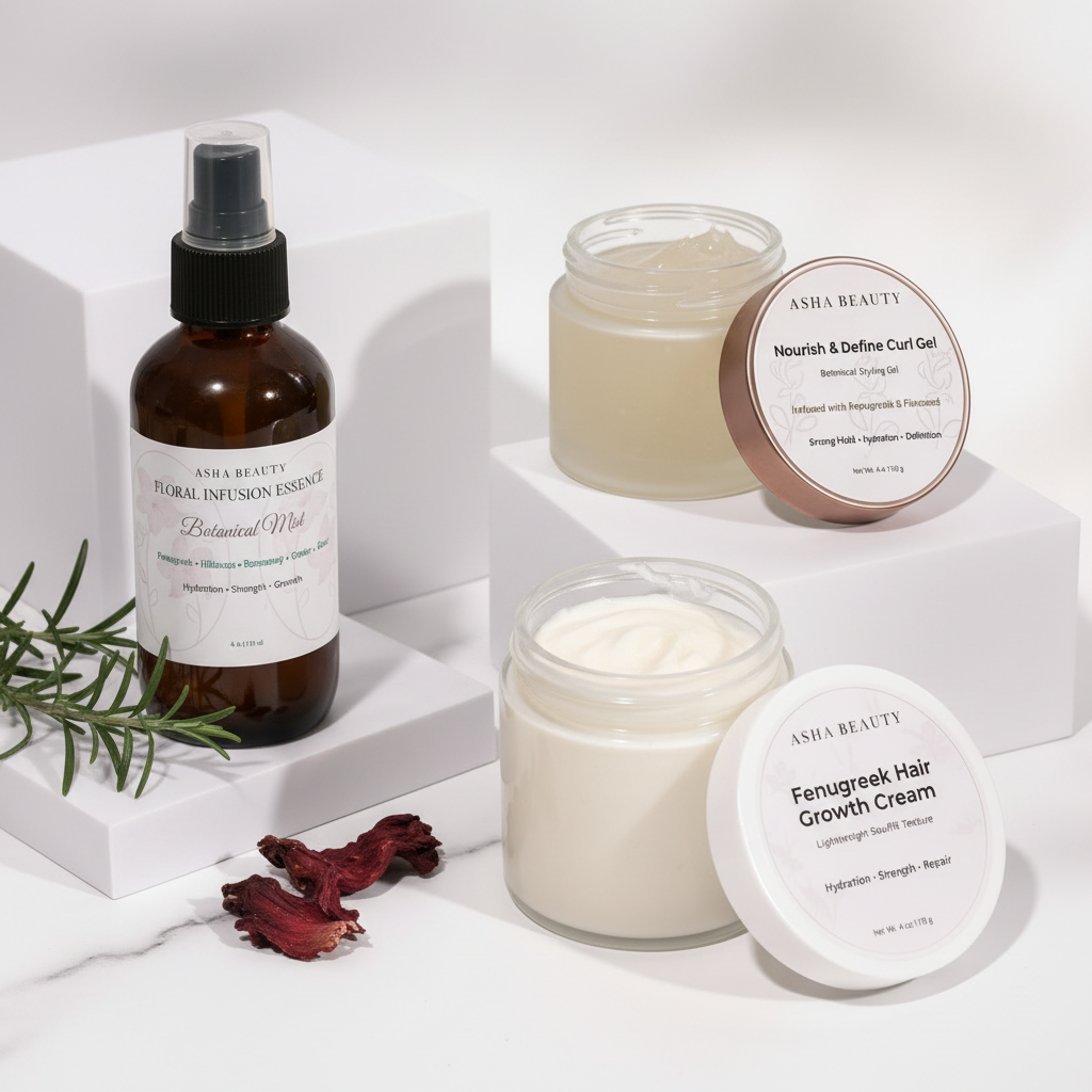 Asha Belle Beauty Botanical Curl Care Bundle — Floral Infusion Mist, Fenugreek Cream and Nourish & Define Curl Gel labels close-up on marble