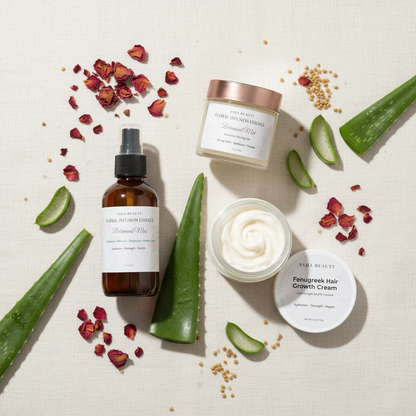 Asha Belle Beauty Botanical Curl Care Routine 3-product set flat lay with botanicals on linen background