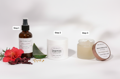 Asha Belle Beauty 3-step botanical curl care routine — Step 1 Mist, Step 2 Cream, Step 3 Curl Gel on white background