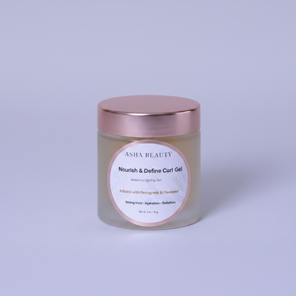 Asha Belle Beauty Nourish & Define Curl Gel hero shot, botanical curl defining gel with fenugreek and flaxseed